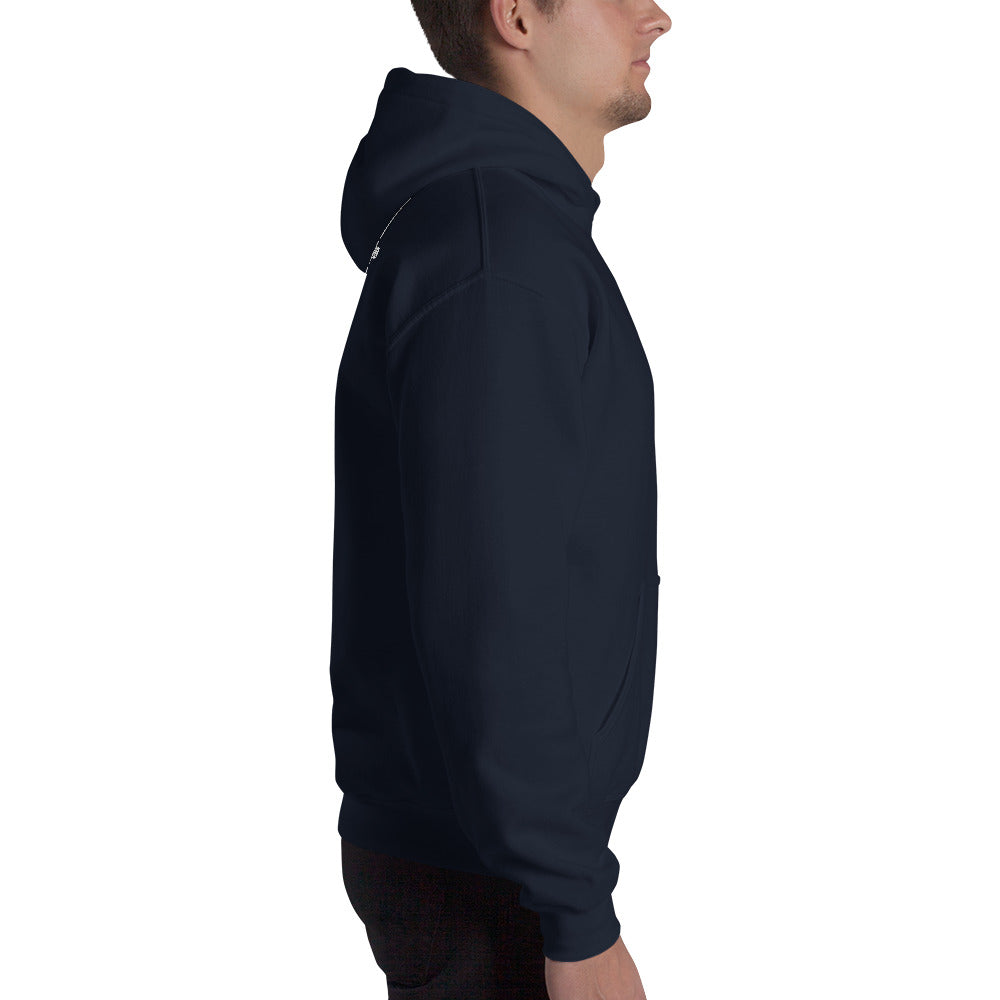 Navy men’s Christian resurrection hoodie with He Is Risen and 1 Peter 1:3.