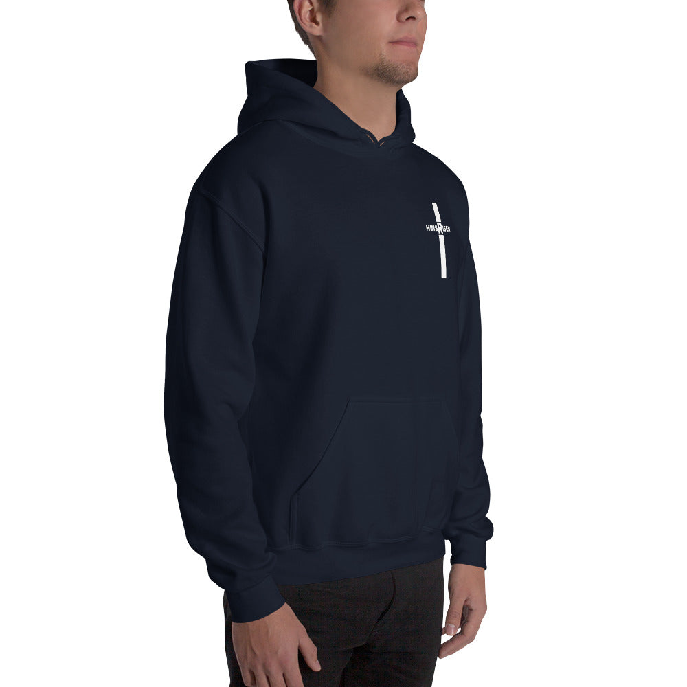 Navy men’s Christian resurrection hoodie with He Is Risen and 1 Peter 1:3.