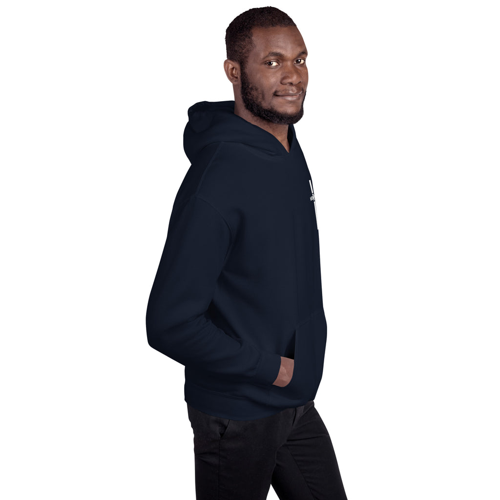 Navy men’s Christian resurrection hoodie with He Is Risen and 1 Peter 1:3.