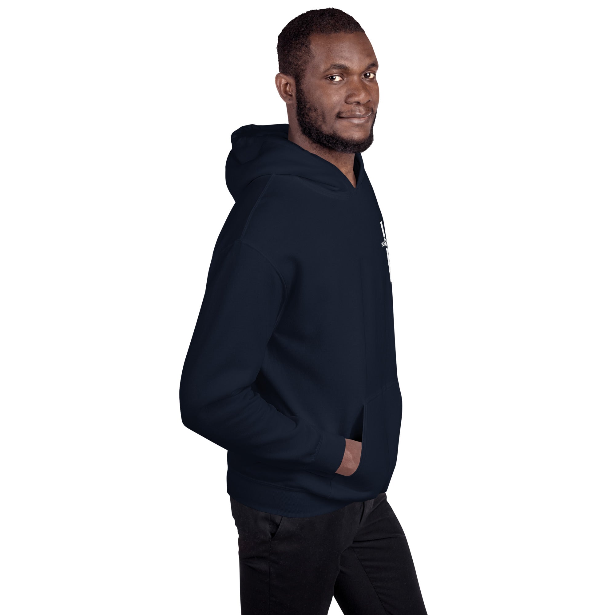 Navy men’s Christian resurrection hoodie with He Is Risen and 1 Peter 1:3.