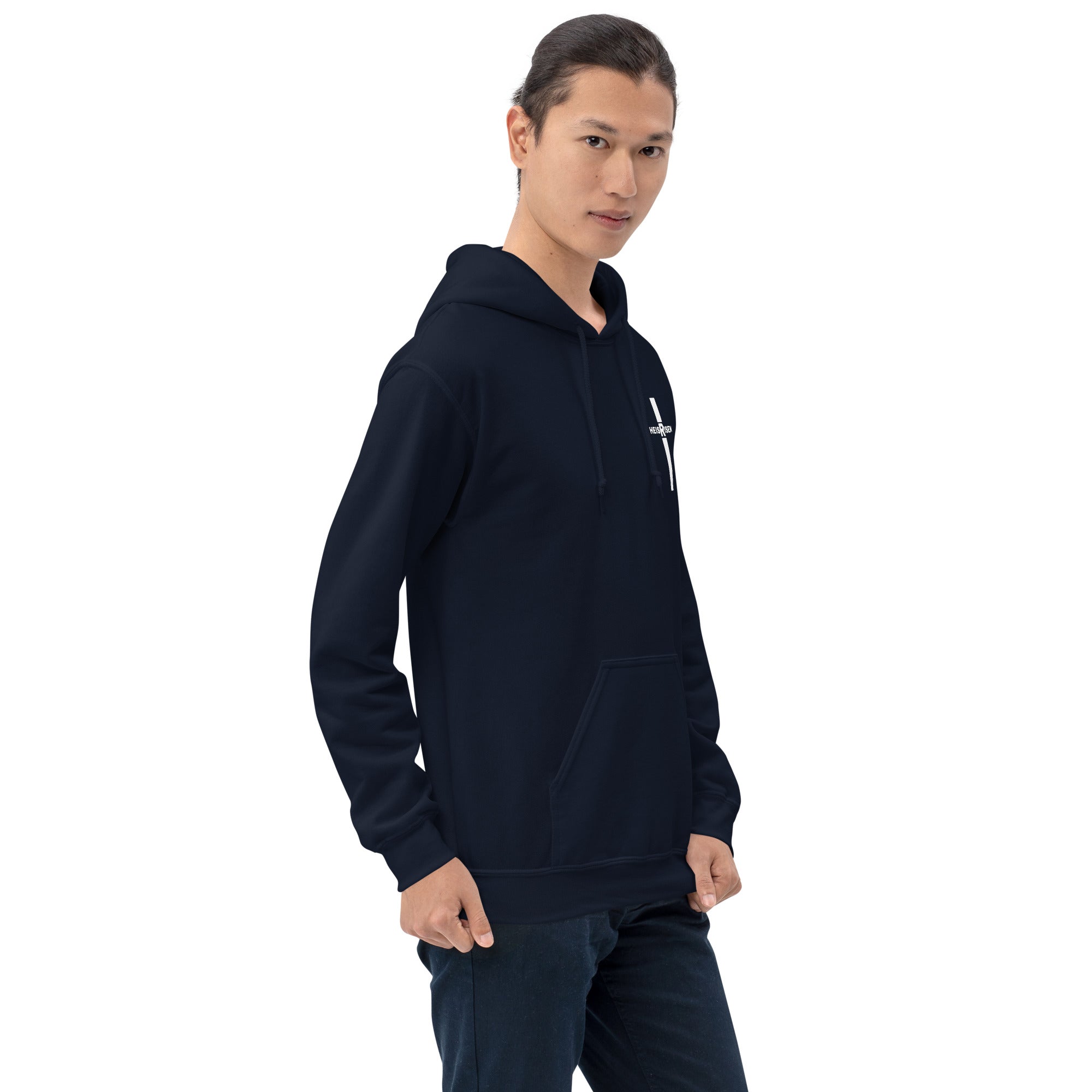 Navy men’s Christian resurrection hoodie with He Is Risen and 1 Peter 1:3.