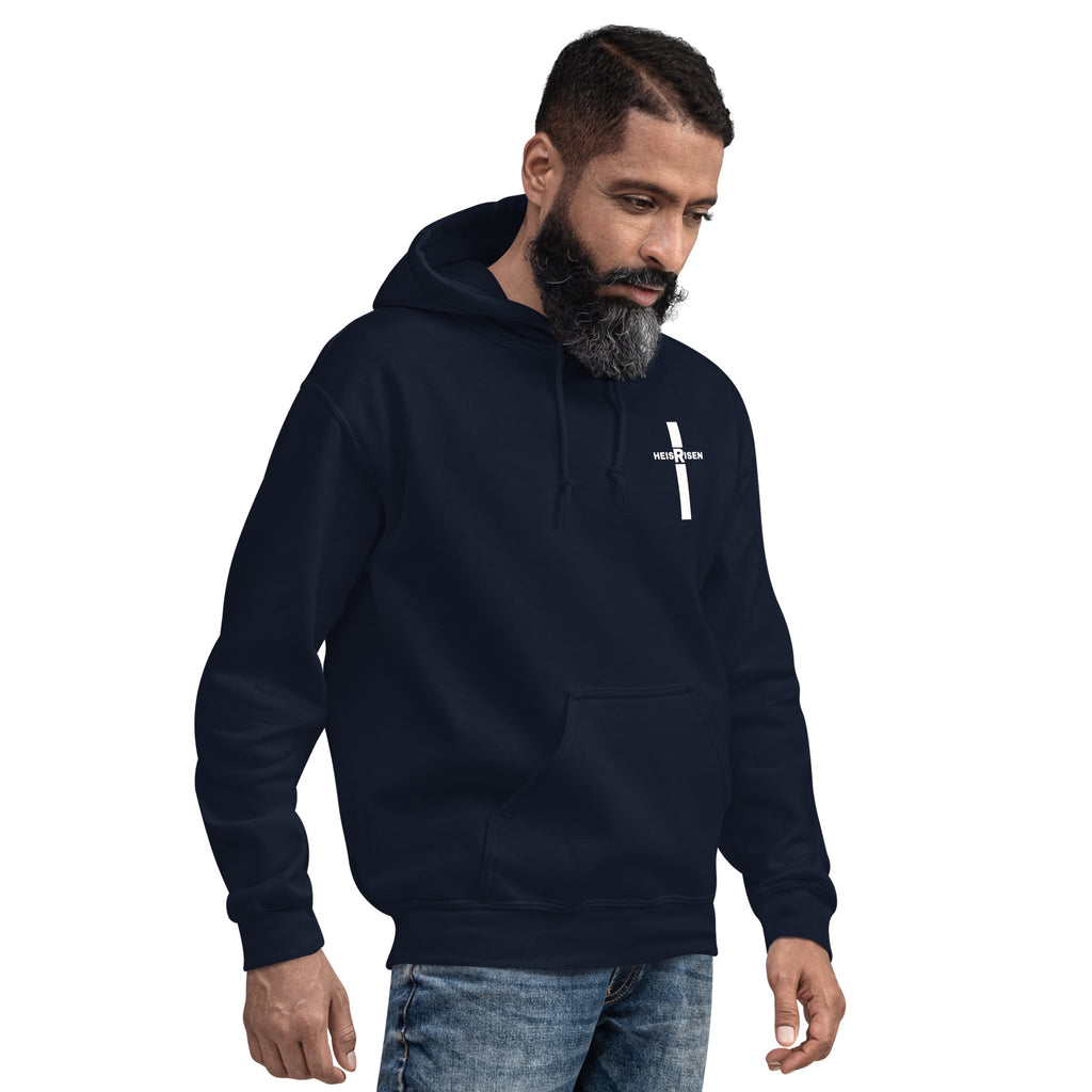 Navy men’s Christian resurrection hoodie with He Is Risen and 1 Peter 1:3.