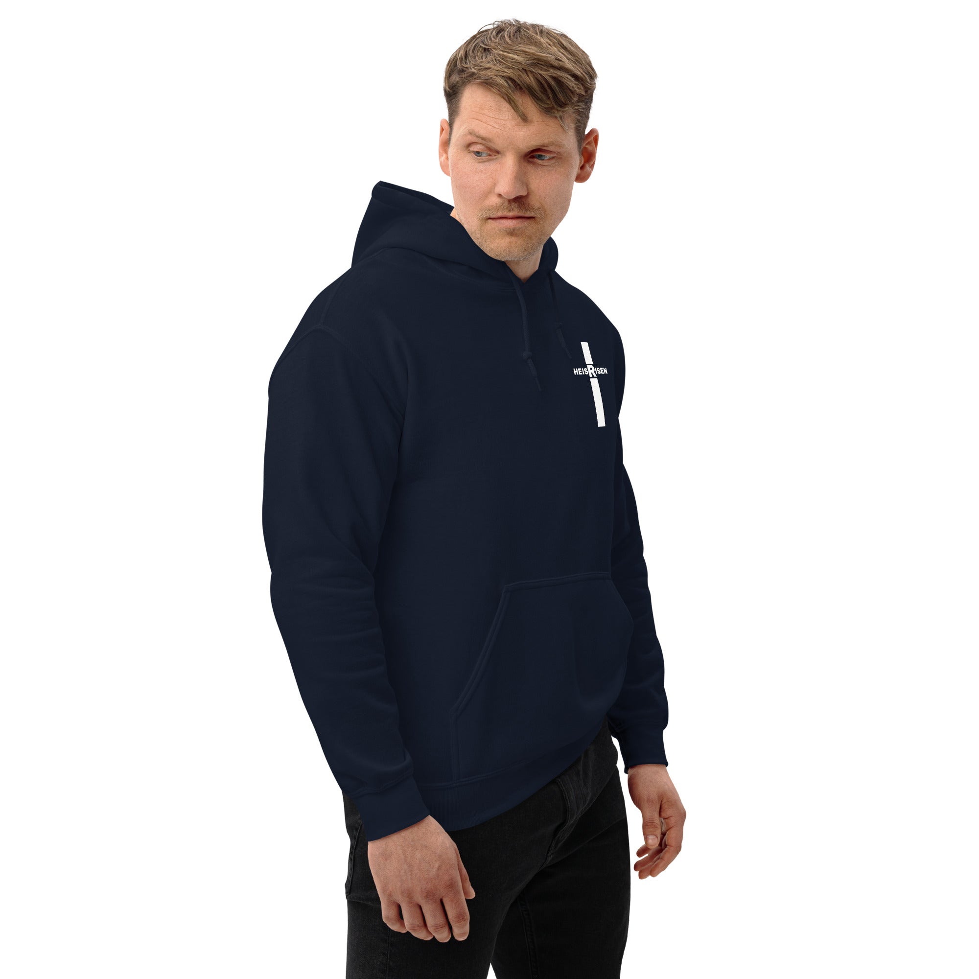 Navy men’s Christian resurrection hoodie with He Is Risen and 1 Peter 1:3.