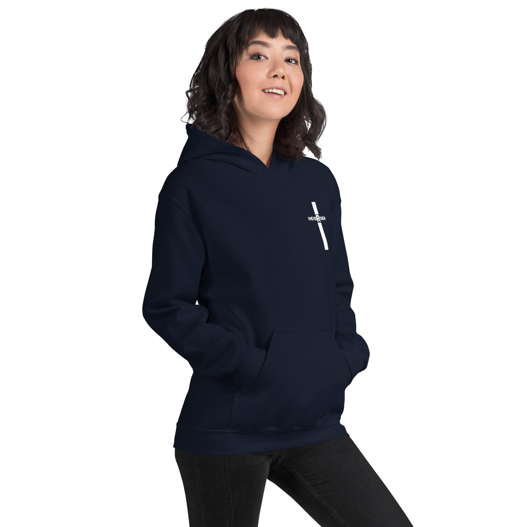 Navy women’s Christian resurrection hoodie with Praise God for a Living Hope and 1 Peter 1:3.