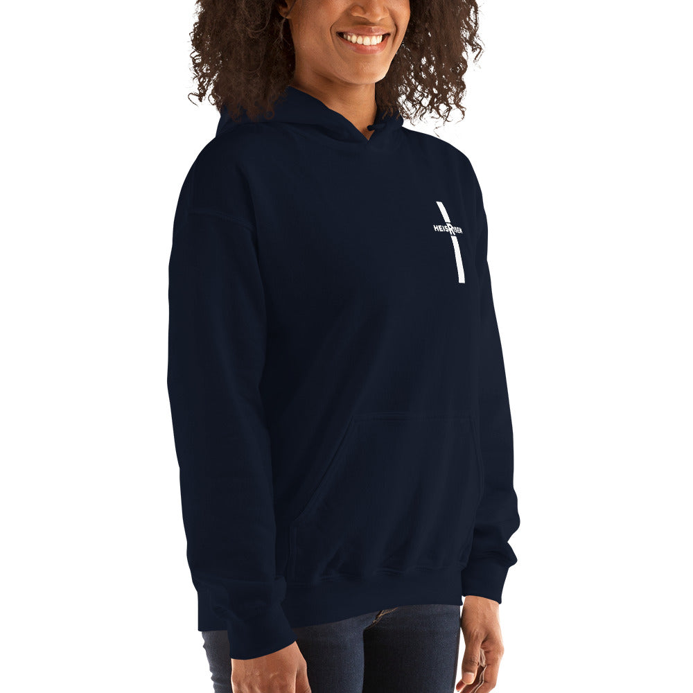 Navy women’s Christian resurrection hoodie with Praise God for a Living Hope and 1 Peter 1:3.