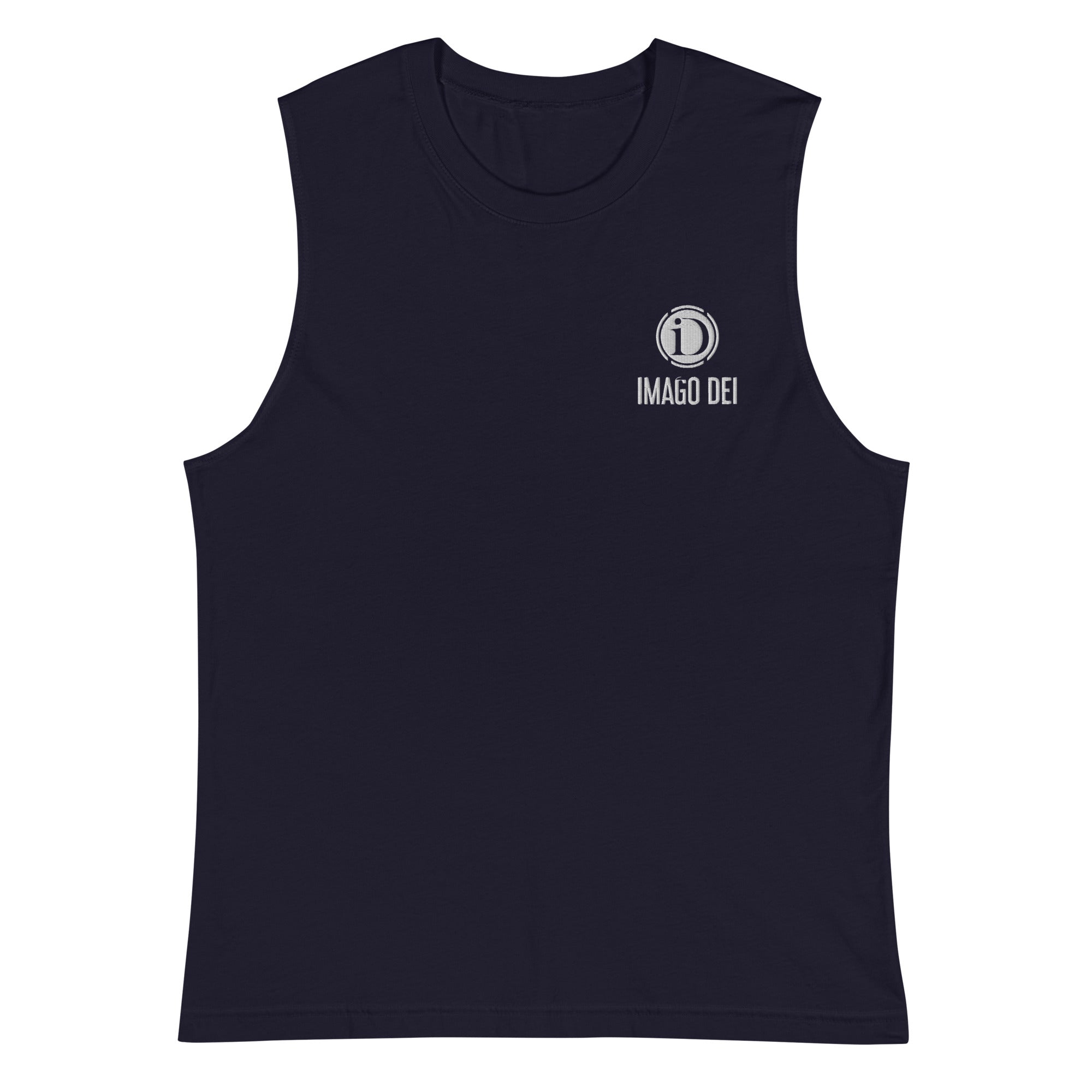 IMAGO DEI EMBROIDERY MEN'S NAVY SLEEVELESS TANK.