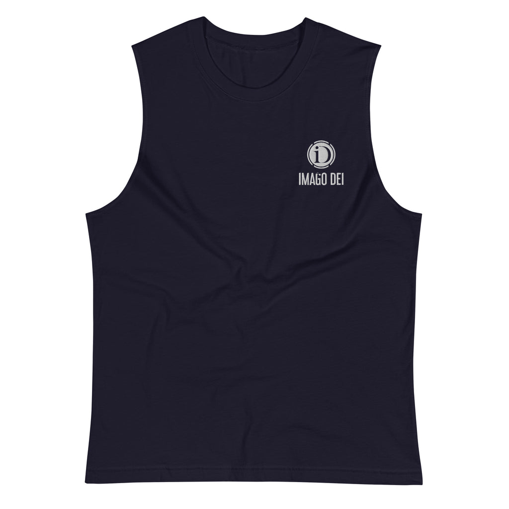 IMAGO DEI EMBROIDERY MEN'S NAVY SLEEVELESS TANK.