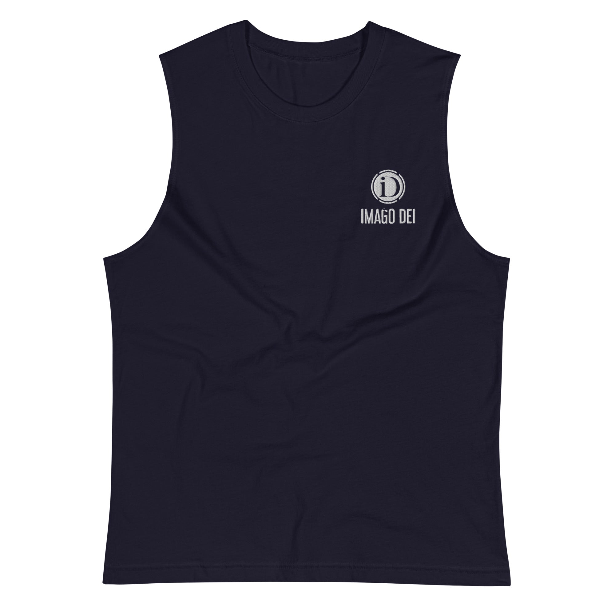 IMAGO DEI EMBROIDERY MEN'S NAVY SLEEVELESS TANK.