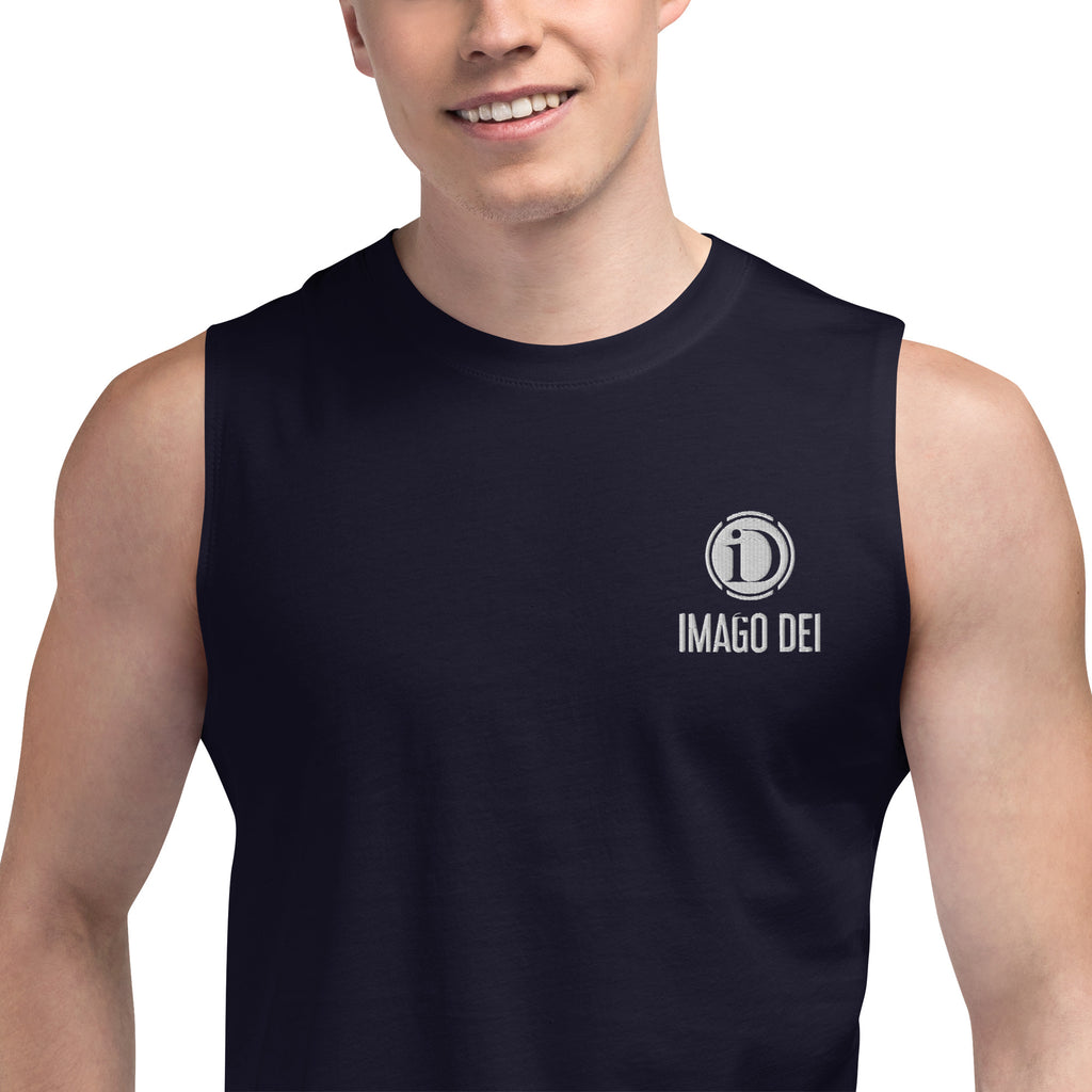 IMAGO DEI EMBROIDERY MEN'S NAVY SLEEVELESS TANK.