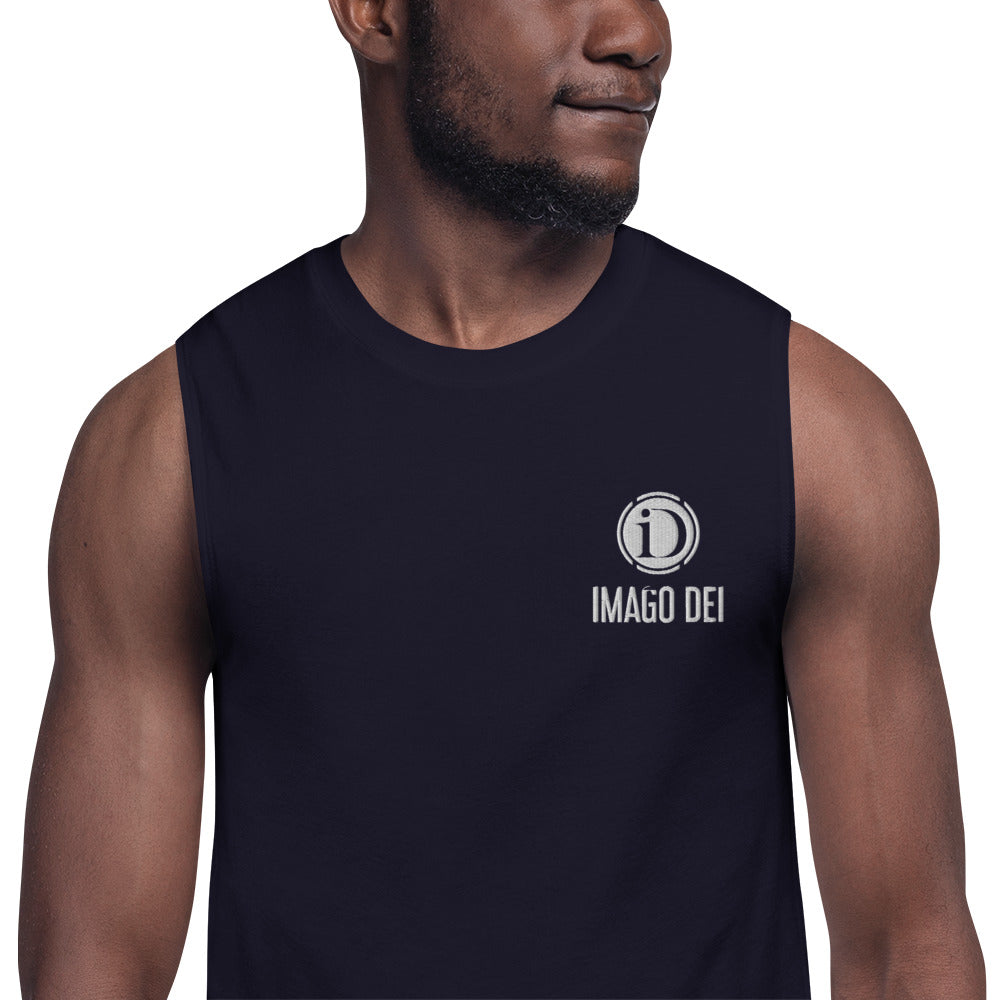 IMAGO DEI EMBROIDERY MEN'S NAVY SLEEVELESS TANK.
