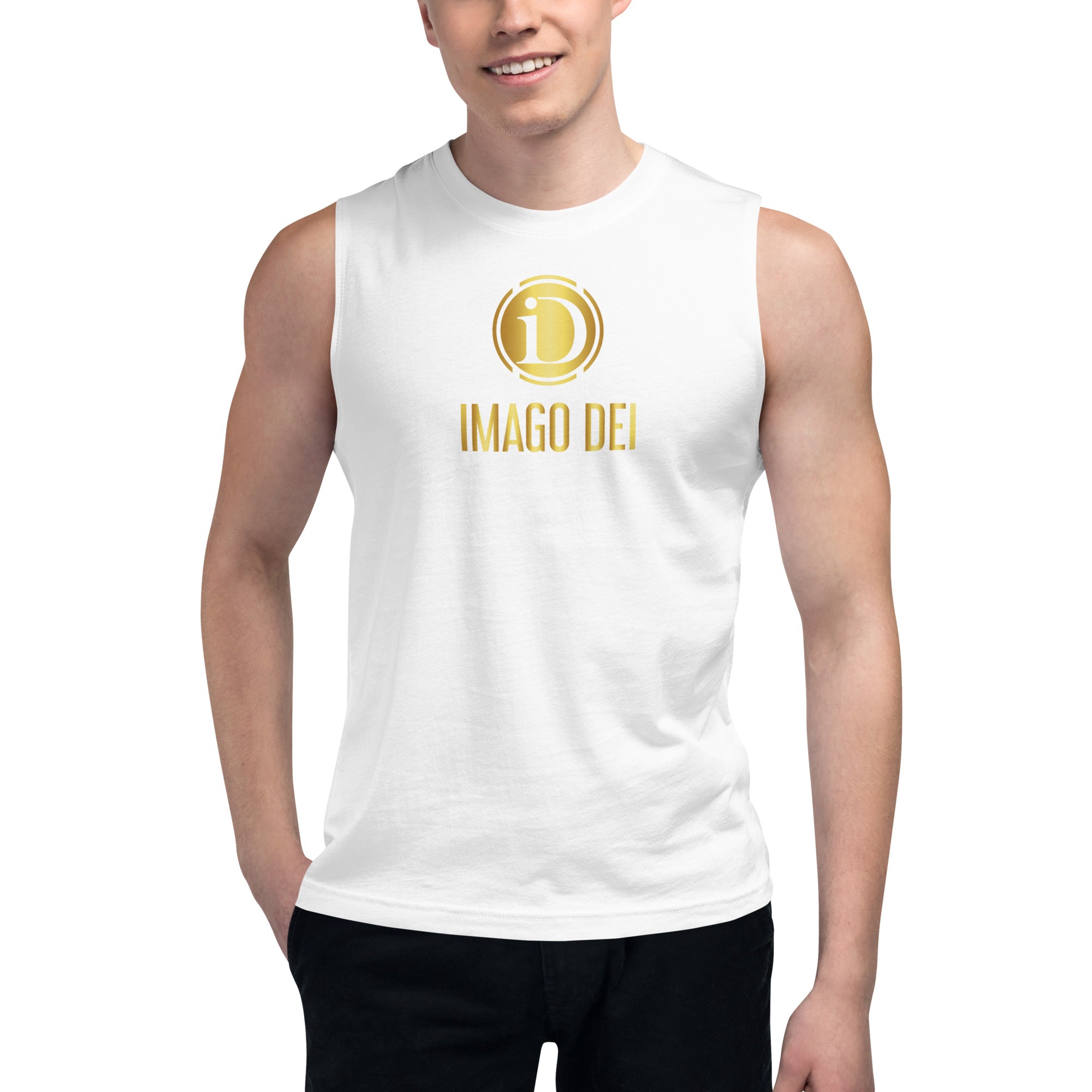 MEN'S LIMITED RELEASE, IMAGO DEI WHITE SLEEVELESS TANK.