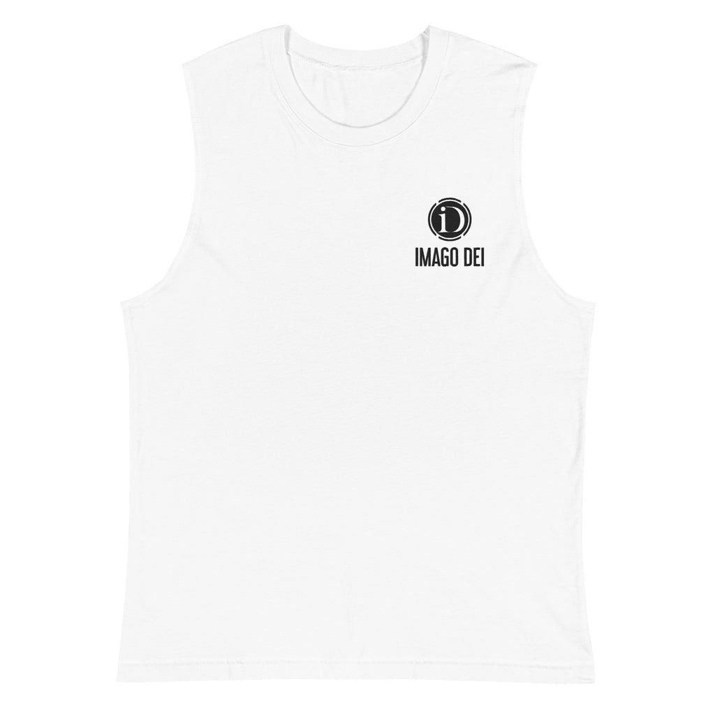 IMAGO DEI EMBROIDERY MEN'S NAVY SLEEVELESS TANK.