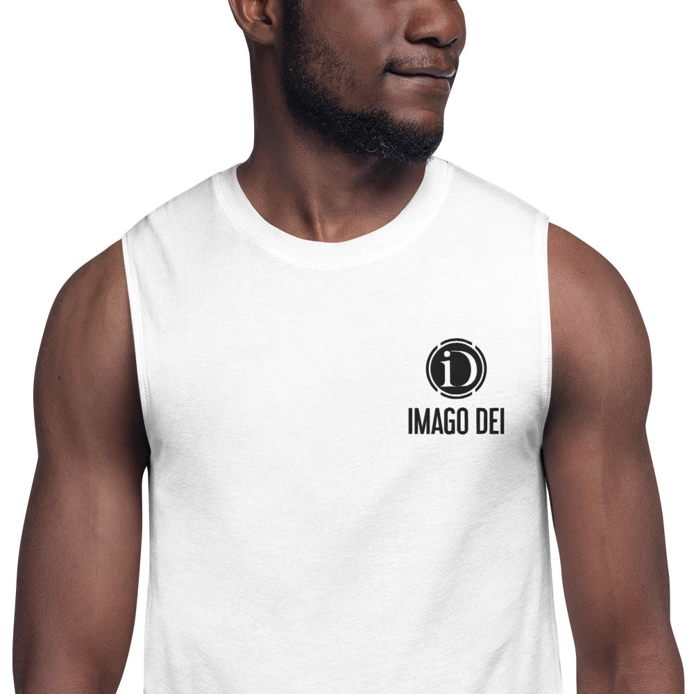IMAGO DEI EMBROIDERY MEN'S NAVY SLEEVELESS TANK.