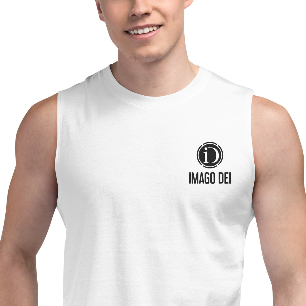 IMAGO DEI EMBROIDERY MEN'S NAVY SLEEVELESS TANK.