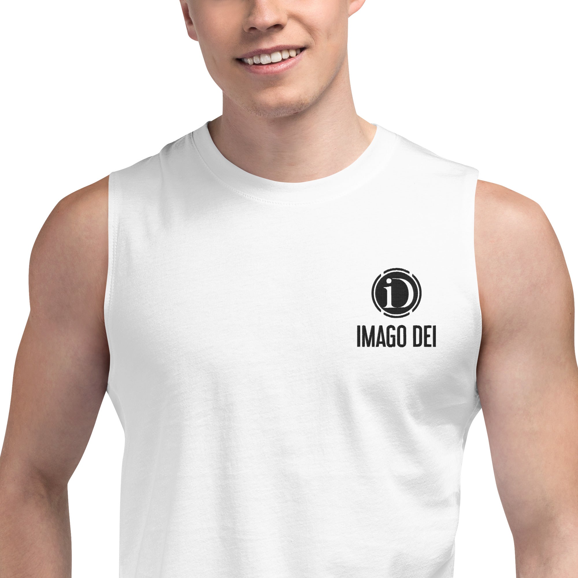 IMAGO DEI EMBROIDERY MEN'S NAVY SLEEVELESS TANK.