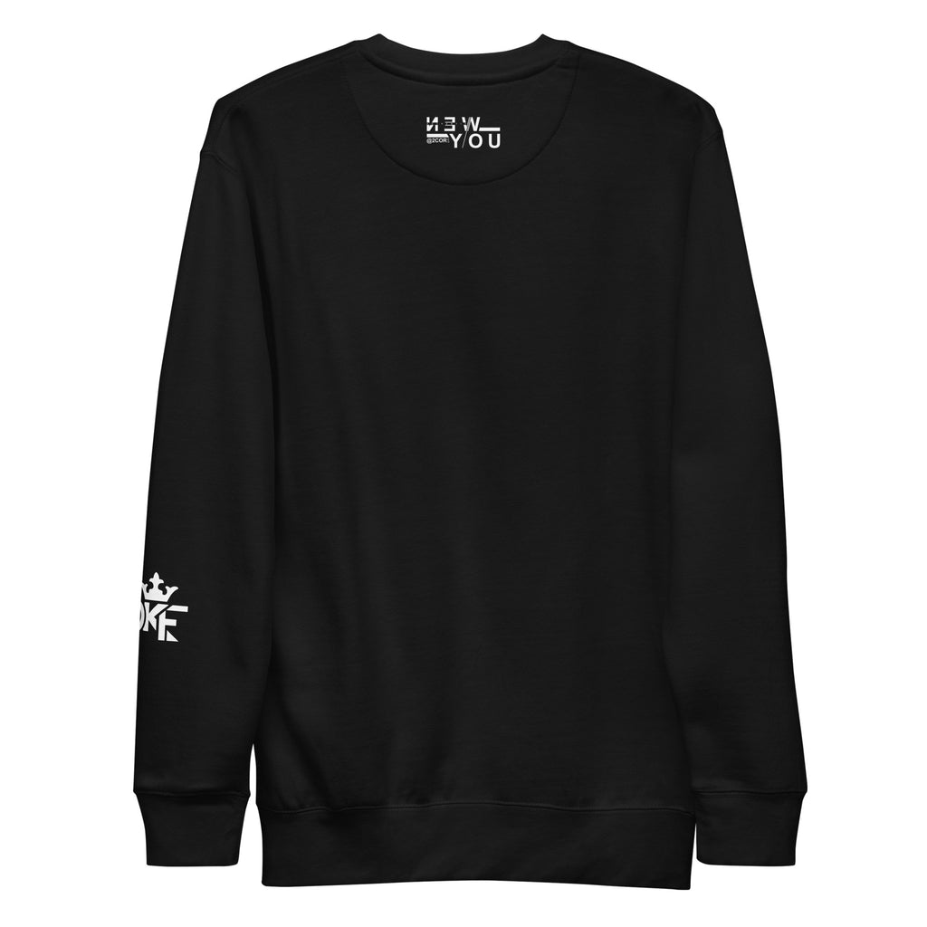 Christian sweatshirt featuring the “Identity Established, New Creation” 2 Corinthians 5:17 design by DKINGDOMFASHIONS, displayed on a soft, premium fleece crew‑neck