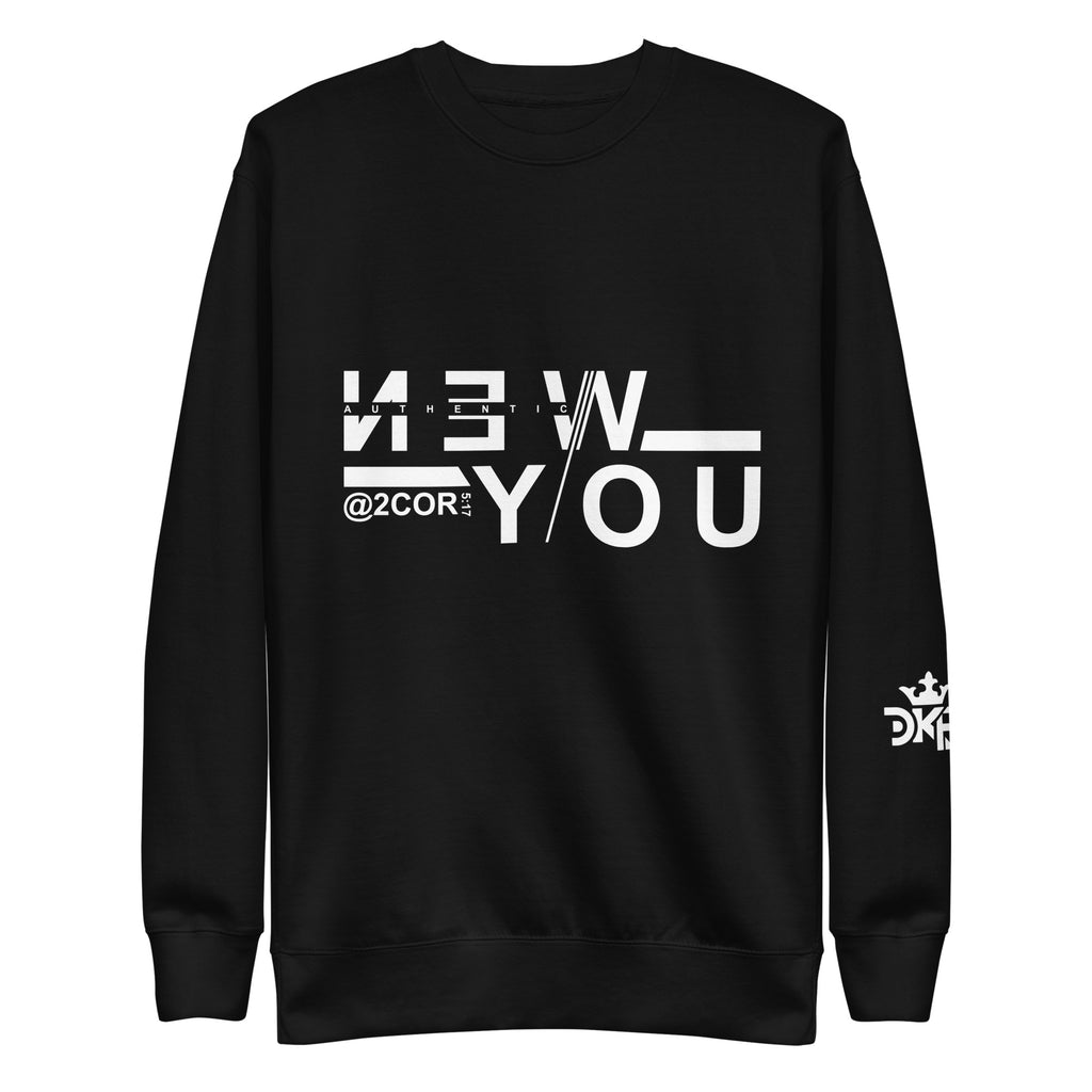 Christian sweatshirt featuring the “Identity Established, New Creation” 2 Corinthians 5:17 design by DKINGDOMFASHIONS, displayed on a soft, premium fleece crew‑neck